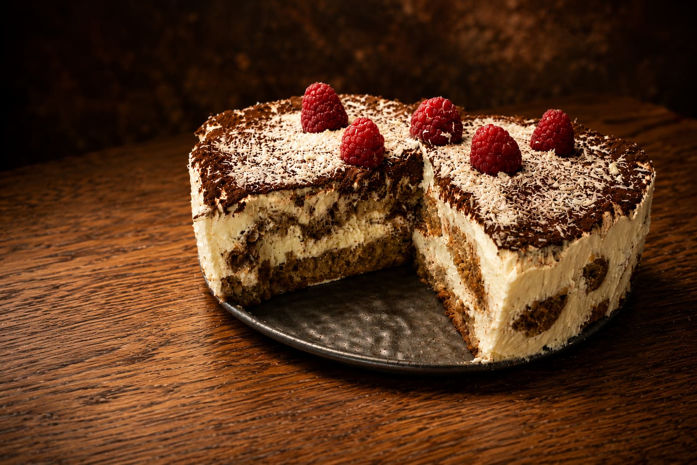 Classic Espresso Tiramisu Cup — cocoa-dusted tiramisu photographed on a wooden table.