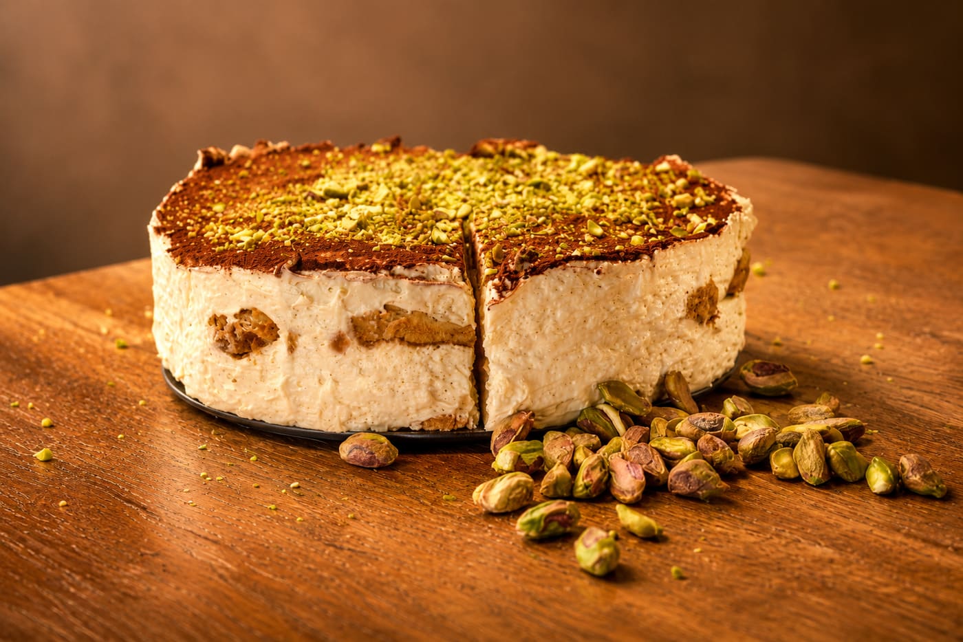 Pistachio Tiramisu Cup — cocoa-dusted tiramisu photographed on a wooden table.